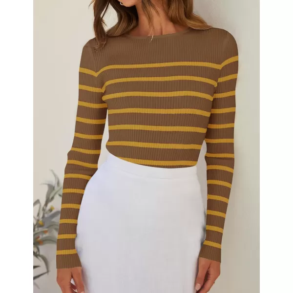 imageZESICA Womens Long Sleeve Crewneck Striped Shirts 2024 Spring Fall Ribbed Knit Sweater Slim Fitted Casual Basic Tee TopsBrown