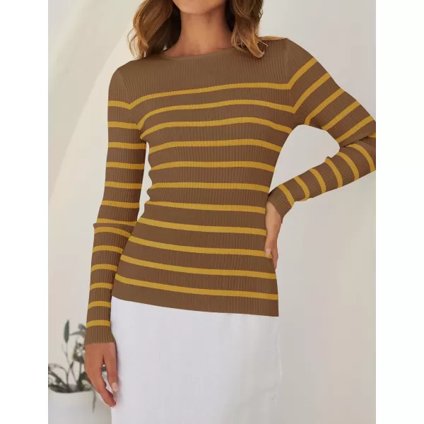imageZESICA Womens Long Sleeve Crewneck Striped Shirts 2024 Spring Fall Ribbed Knit Sweater Slim Fitted Casual Basic Tee TopsBrown