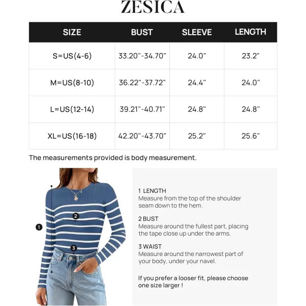 imageZESICA Womens Long Sleeve Crewneck Striped Shirts 2024 Spring Fall Ribbed Knit Sweater Slim Fitted Casual Basic Tee TopsDarkblue