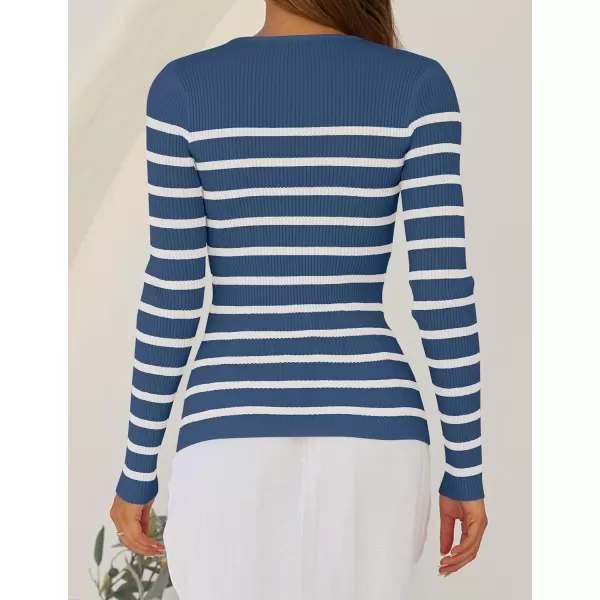 imageZESICA Womens Long Sleeve Crewneck Striped Shirts 2024 Spring Fall Ribbed Knit Sweater Slim Fitted Casual Basic Tee TopsDarkblue