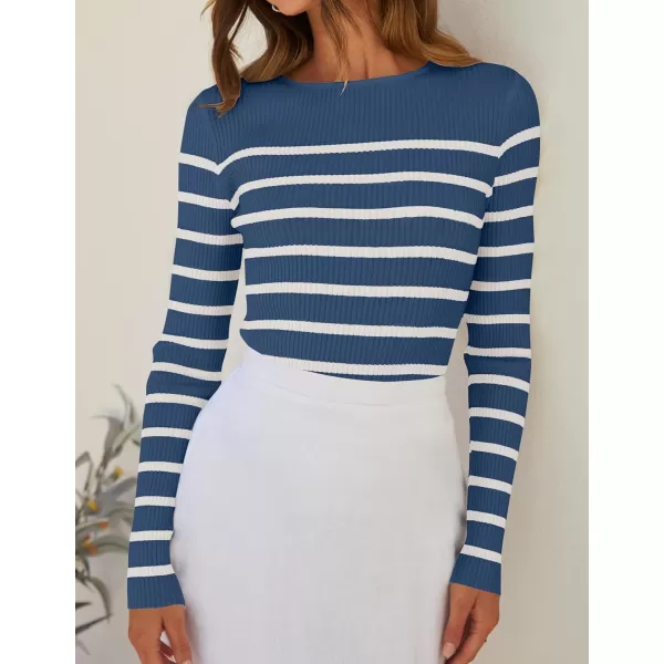 imageZESICA Womens Long Sleeve Crewneck Striped Shirts 2024 Spring Fall Ribbed Knit Sweater Slim Fitted Casual Basic Tee TopsDarkblue