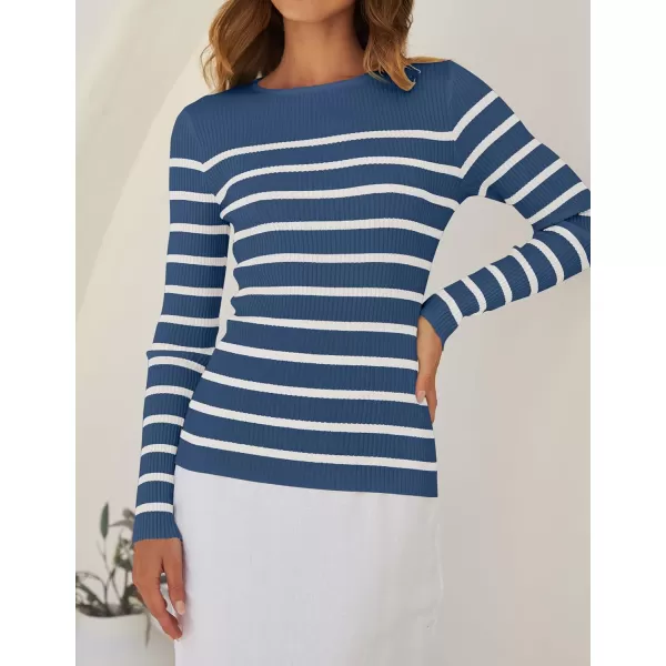 imageZESICA Womens Long Sleeve Crewneck Striped Shirts 2024 Spring Fall Ribbed Knit Sweater Slim Fitted Casual Basic Tee TopsDarkblue