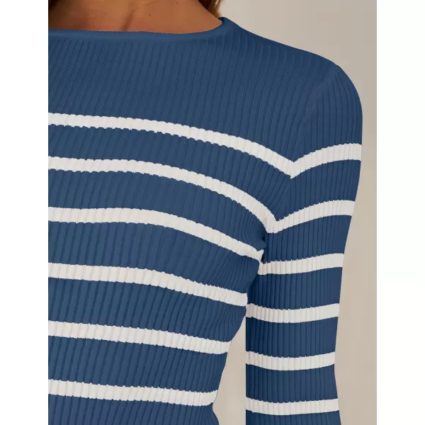 imageZESICA Womens Long Sleeve Crewneck Striped Shirts 2024 Spring Fall Ribbed Knit Sweater Slim Fitted Casual Basic Tee TopsDarkblue