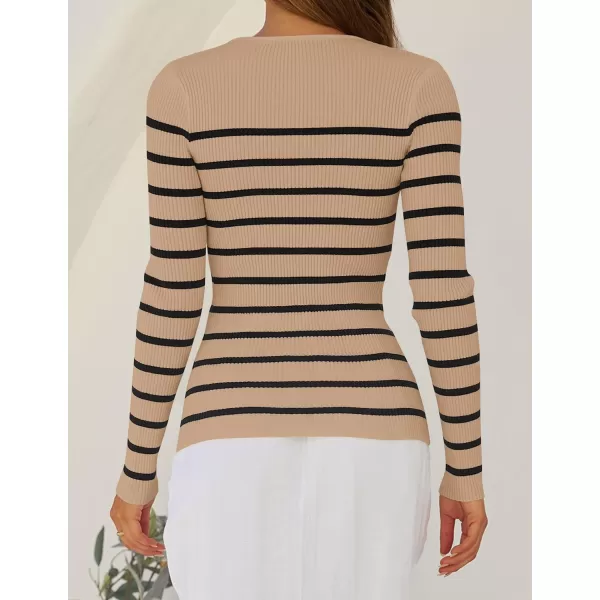 imageZESICA Womens Long Sleeve Crewneck Striped Shirts 2024 Spring Fall Ribbed Knit Sweater Slim Fitted Casual Basic Tee TopsKhaki