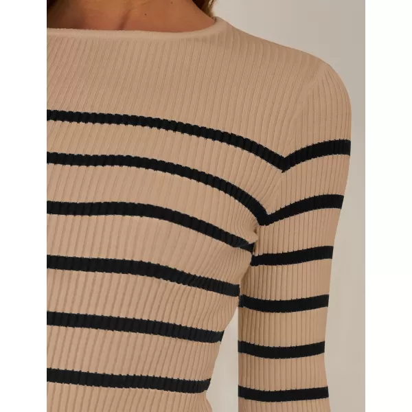 imageZESICA Womens Long Sleeve Crewneck Striped Shirts 2024 Spring Fall Ribbed Knit Sweater Slim Fitted Casual Basic Tee TopsKhaki