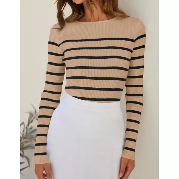 imageZESICA Womens Long Sleeve Crewneck Striped Shirts 2024 Spring Fall Ribbed Knit Sweater Slim Fitted Casual Basic Tee TopsKhaki