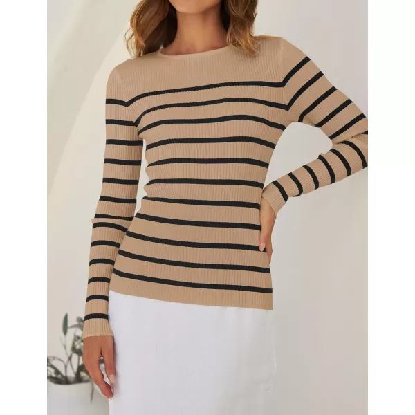 imageZESICA Womens Long Sleeve Crewneck Striped Shirts 2024 Spring Fall Ribbed Knit Sweater Slim Fitted Casual Basic Tee TopsKhaki