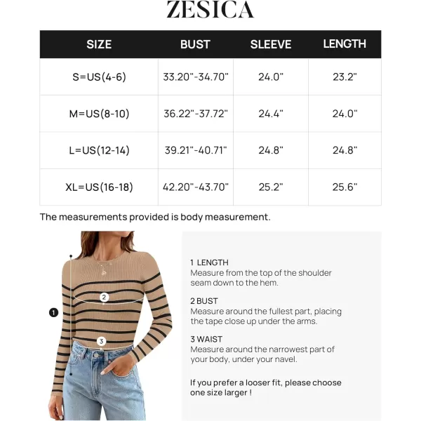 imageZESICA Womens Long Sleeve Crewneck Striped Shirts 2024 Spring Fall Ribbed Knit Sweater Slim Fitted Casual Basic Tee TopsKhaki