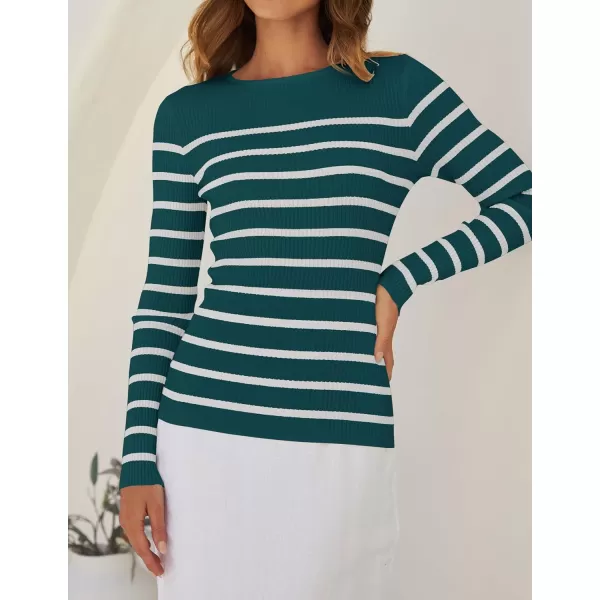 imageZESICA Womens Long Sleeve Crewneck Striped Shirts 2024 Spring Fall Ribbed Knit Sweater Slim Fitted Casual Basic Tee TopsTeal