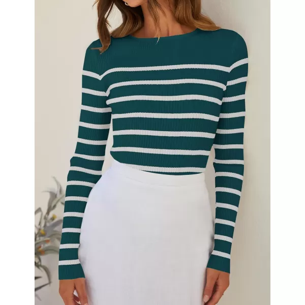 imageZESICA Womens Long Sleeve Crewneck Striped Shirts 2024 Spring Fall Ribbed Knit Sweater Slim Fitted Casual Basic Tee TopsTeal