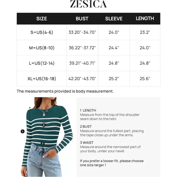 imageZESICA Womens Long Sleeve Crewneck Striped Shirts 2024 Spring Fall Ribbed Knit Sweater Slim Fitted Casual Basic Tee TopsTeal