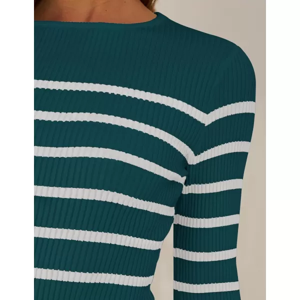 imageZESICA Womens Long Sleeve Crewneck Striped Shirts 2024 Spring Fall Ribbed Knit Sweater Slim Fitted Casual Basic Tee TopsTeal