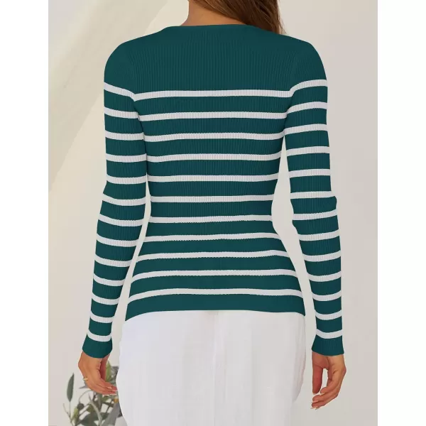 imageZESICA Womens Long Sleeve Crewneck Striped Shirts 2024 Spring Fall Ribbed Knit Sweater Slim Fitted Casual Basic Tee TopsTeal