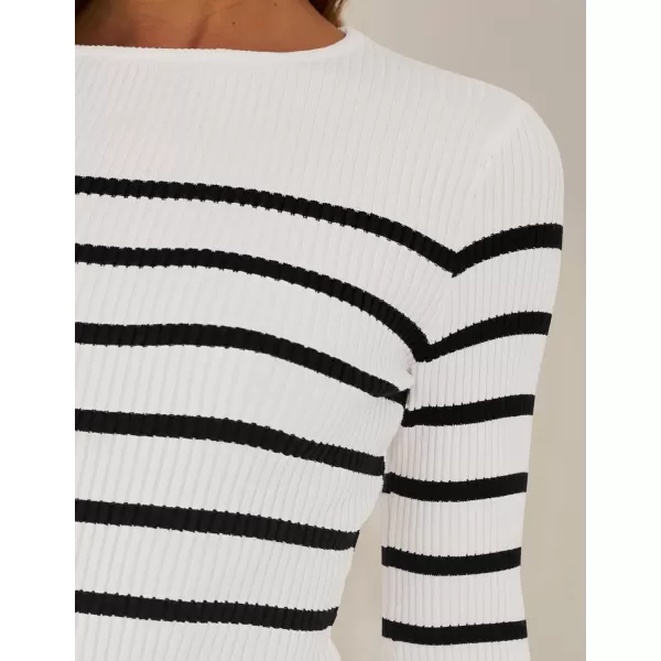 imageZESICA Womens Long Sleeve Crewneck Striped Shirts 2024 Spring Fall Ribbed Knit Sweater Slim Fitted Casual Basic Tee TopsWhite