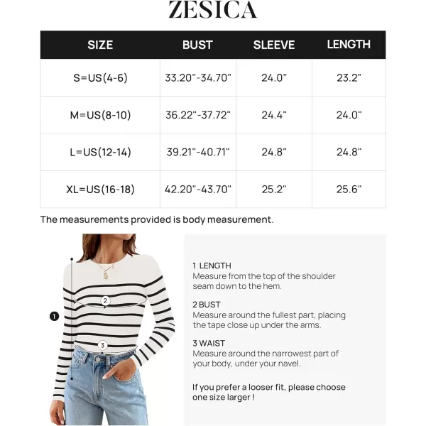 imageZESICA Womens Long Sleeve Crewneck Striped Shirts 2024 Spring Fall Ribbed Knit Sweater Slim Fitted Casual Basic Tee TopsWhite
