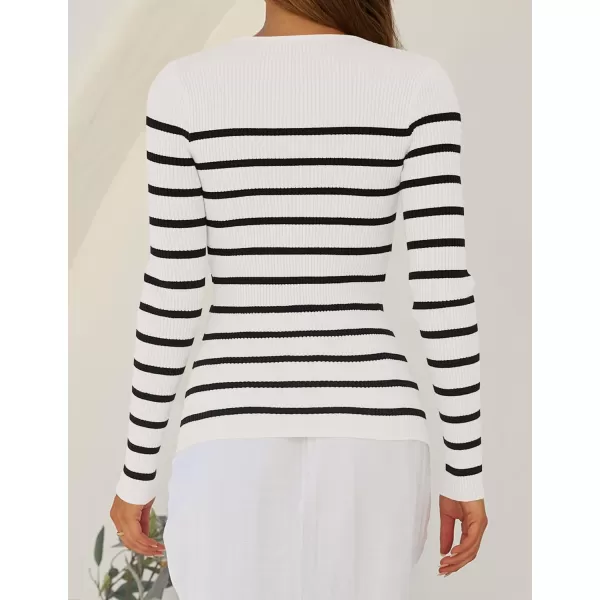imageZESICA Womens Long Sleeve Crewneck Striped Shirts 2024 Spring Fall Ribbed Knit Sweater Slim Fitted Casual Basic Tee TopsWhite