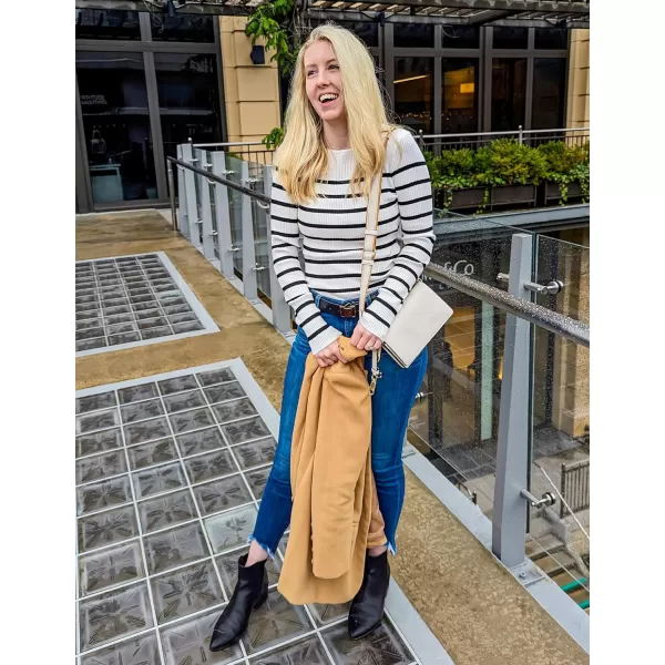 imageZESICA Womens Long Sleeve Crewneck Striped Shirts 2024 Spring Fall Ribbed Knit Sweater Slim Fitted Casual Basic Tee TopsWhite