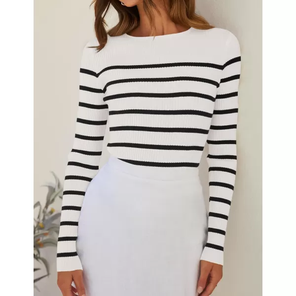 imageZESICA Womens Long Sleeve Crewneck Striped Shirts 2024 Spring Fall Ribbed Knit Sweater Slim Fitted Casual Basic Tee TopsWhite