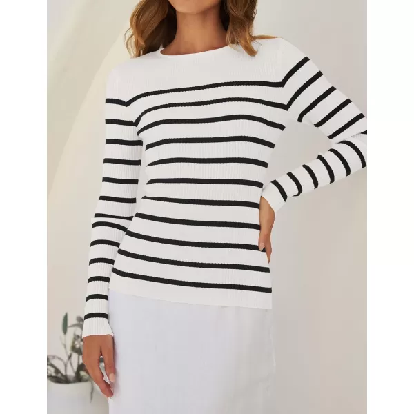 imageZESICA Womens Long Sleeve Crewneck Striped Shirts 2024 Spring Fall Ribbed Knit Sweater Slim Fitted Casual Basic Tee TopsWhite