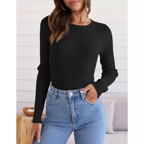 imageZESICA Womens Long Sleeve Crewneck Tops 2024 Spring Fall Clothes Ribbed Knit Sweater Slim Fitted Casual Basic Tee ShirtsBlack
