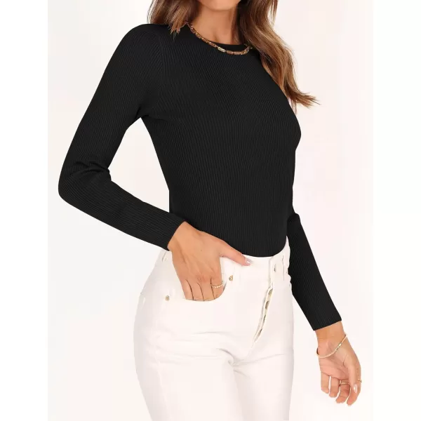 imageZESICA Womens Long Sleeve Crewneck Tops 2024 Spring Fall Clothes Ribbed Knit Sweater Slim Fitted Casual Basic Tee ShirtsBlack