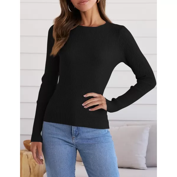 imageZESICA Womens Long Sleeve Crewneck Tops 2024 Spring Fall Clothes Ribbed Knit Sweater Slim Fitted Casual Basic Tee ShirtsBlack