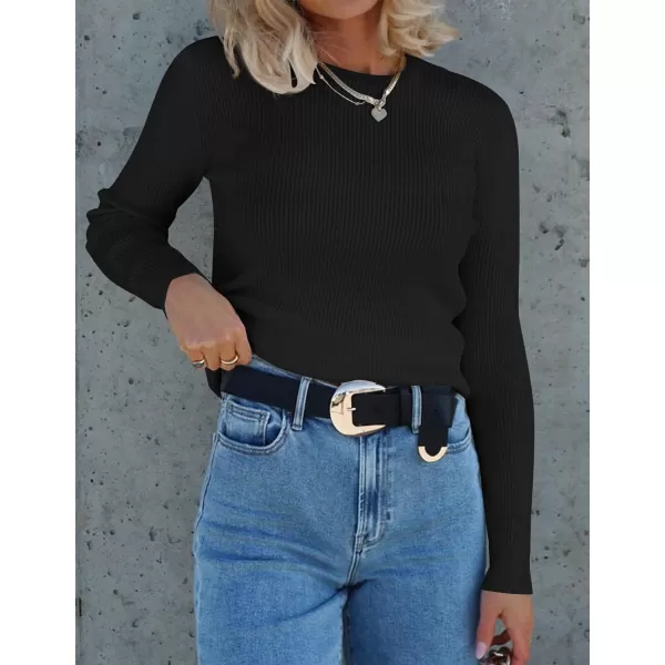 imageZESICA Womens Long Sleeve Crewneck Tops 2024 Spring Fall Clothes Ribbed Knit Sweater Slim Fitted Casual Basic Tee ShirtsBlack