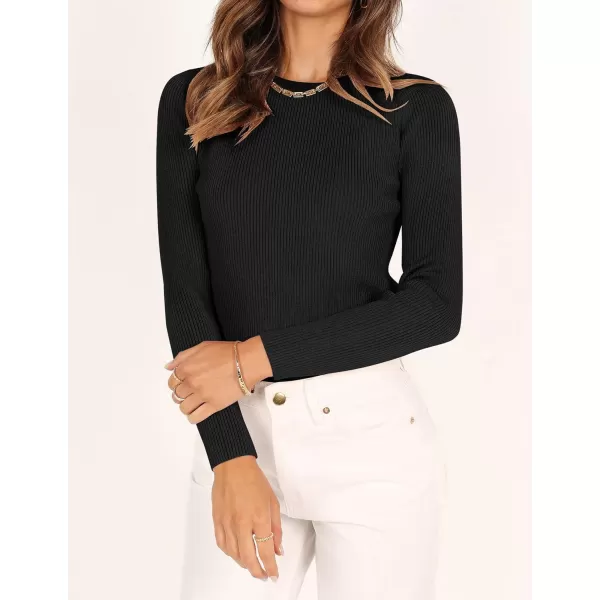 imageZESICA Womens Long Sleeve Crewneck Tops 2024 Spring Fall Clothes Ribbed Knit Sweater Slim Fitted Casual Basic Tee ShirtsBlack