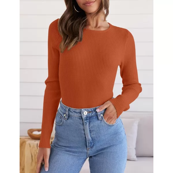 imageZESICA Womens Long Sleeve Crewneck Tops 2024 Spring Fall Clothes Ribbed Knit Sweater Slim Fitted Casual Basic Tee ShirtsCaramel