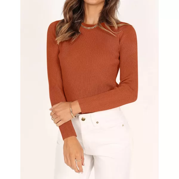 imageZESICA Womens Long Sleeve Crewneck Tops 2024 Spring Fall Clothes Ribbed Knit Sweater Slim Fitted Casual Basic Tee ShirtsCaramel