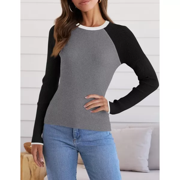 imageZESICA Womens Long Sleeve Crewneck Tops 2024 Spring Fall Clothes Ribbed Knit Sweater Slim Fitted Casual Basic Tee ShirtsCharcoal