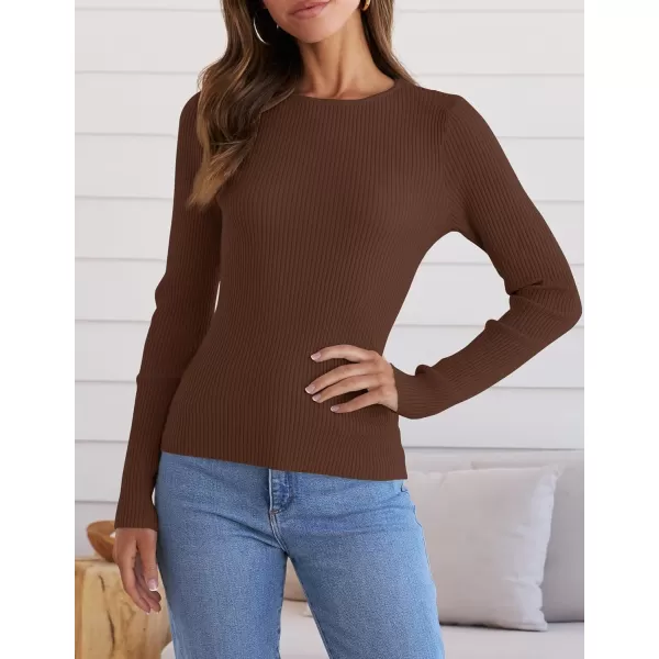 imageZESICA Womens Long Sleeve Crewneck Tops 2024 Spring Fall Clothes Ribbed Knit Sweater Slim Fitted Casual Basic Tee ShirtsCoffee