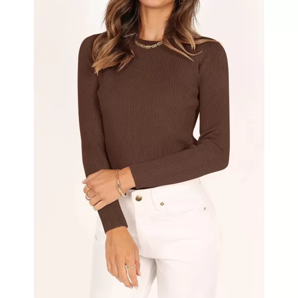 imageZESICA Womens Long Sleeve Crewneck Tops 2024 Spring Fall Clothes Ribbed Knit Sweater Slim Fitted Casual Basic Tee ShirtsCoffee