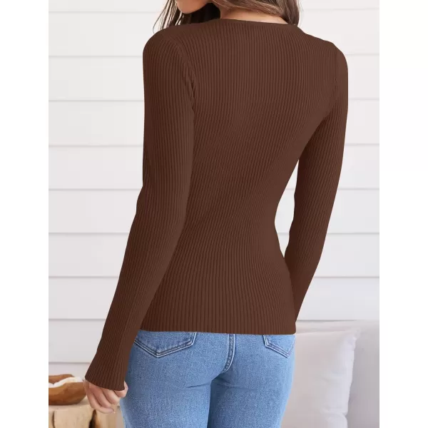imageZESICA Womens Long Sleeve Crewneck Tops 2024 Spring Fall Clothes Ribbed Knit Sweater Slim Fitted Casual Basic Tee ShirtsCoffee