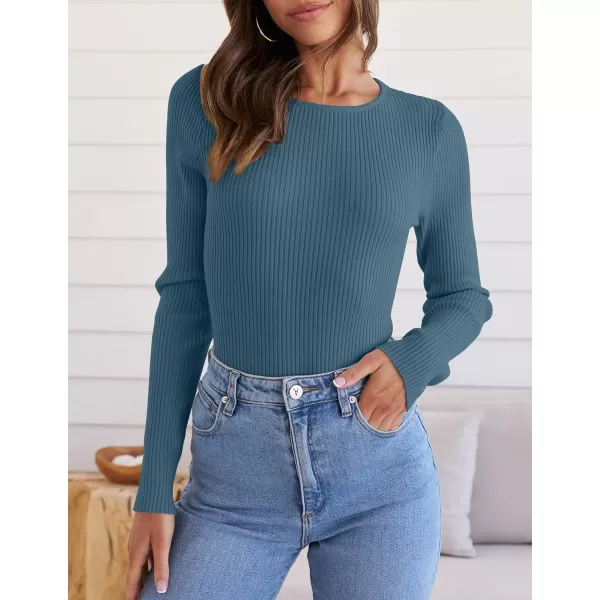 imageZESICA Womens Long Sleeve Crewneck Tops 2024 Spring Fall Clothes Ribbed Knit Sweater Slim Fitted Casual Basic Tee ShirtsDarkblue
