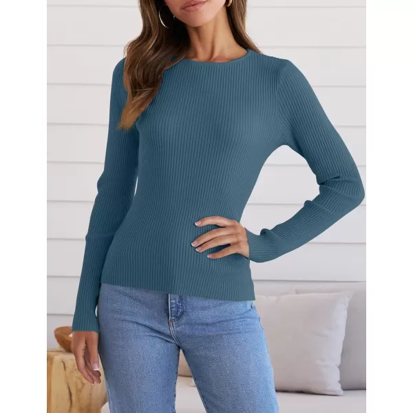 imageZESICA Womens Long Sleeve Crewneck Tops 2024 Spring Fall Clothes Ribbed Knit Sweater Slim Fitted Casual Basic Tee ShirtsDarkblue