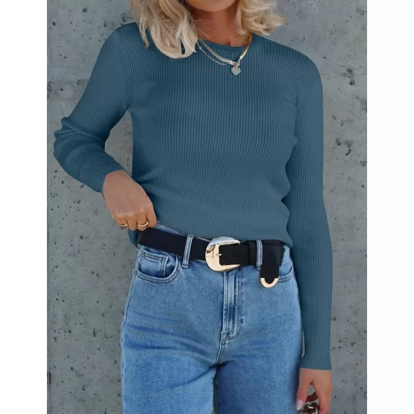 imageZESICA Womens Long Sleeve Crewneck Tops 2024 Spring Fall Clothes Ribbed Knit Sweater Slim Fitted Casual Basic Tee ShirtsDarkblue