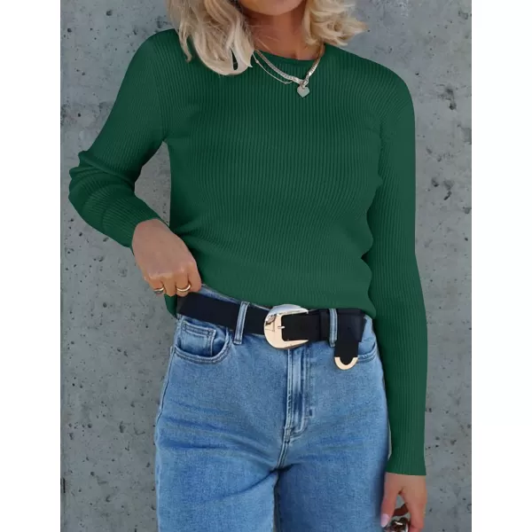 imageZESICA Womens Long Sleeve Crewneck Tops 2024 Spring Fall Clothes Ribbed Knit Sweater Slim Fitted Casual Basic Tee ShirtsDarkgreen