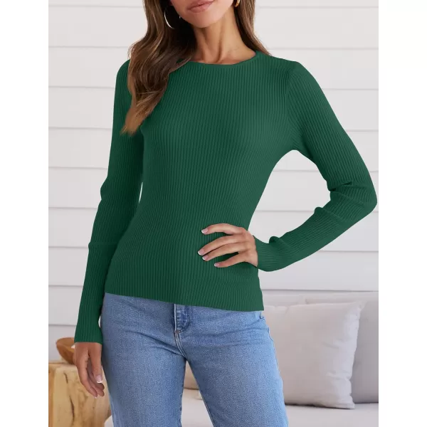 imageZESICA Womens Long Sleeve Crewneck Tops 2024 Spring Fall Clothes Ribbed Knit Sweater Slim Fitted Casual Basic Tee ShirtsDarkgreen