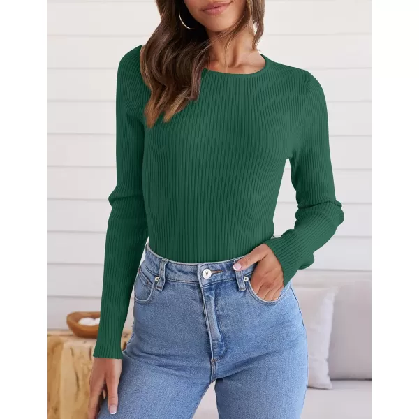 imageZESICA Womens Long Sleeve Crewneck Tops 2024 Spring Fall Clothes Ribbed Knit Sweater Slim Fitted Casual Basic Tee ShirtsDarkgreen