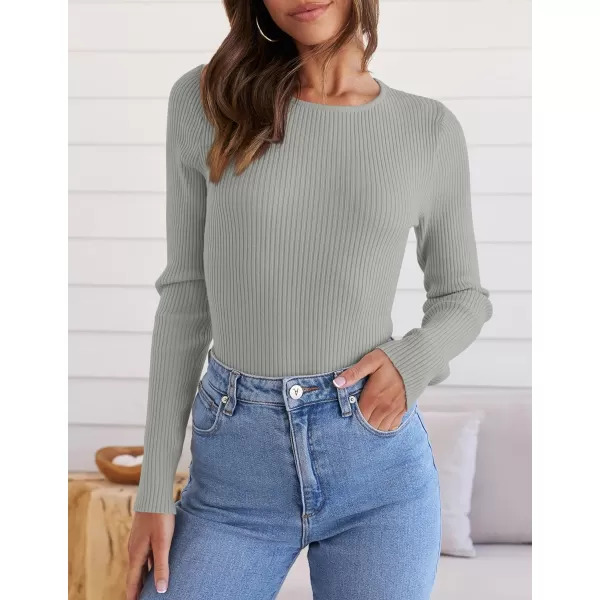 imageZESICA Womens Long Sleeve Crewneck Tops 2024 Spring Fall Clothes Ribbed Knit Sweater Slim Fitted Casual Basic Tee ShirtsGrey