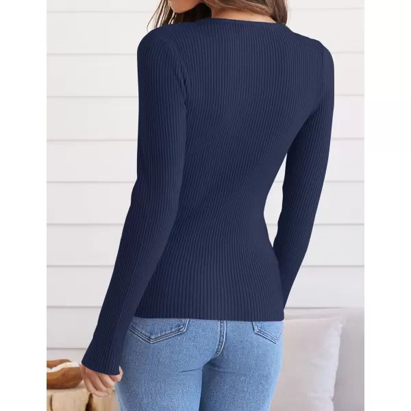 imageZESICA Womens Long Sleeve Crewneck Tops 2024 Spring Fall Clothes Ribbed Knit Sweater Slim Fitted Casual Basic Tee ShirtsNavy