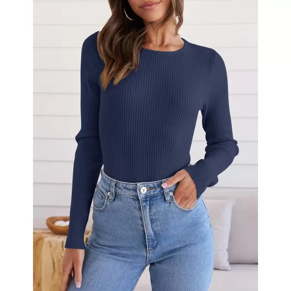 imageZESICA Womens Long Sleeve Crewneck Tops 2024 Spring Fall Clothes Ribbed Knit Sweater Slim Fitted Casual Basic Tee ShirtsNavy