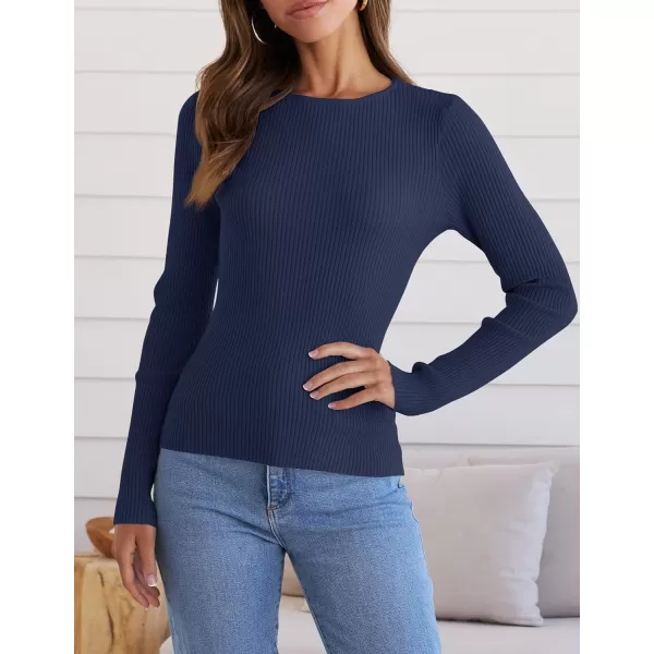 imageZESICA Womens Long Sleeve Crewneck Tops 2024 Spring Fall Clothes Ribbed Knit Sweater Slim Fitted Casual Basic Tee ShirtsNavy