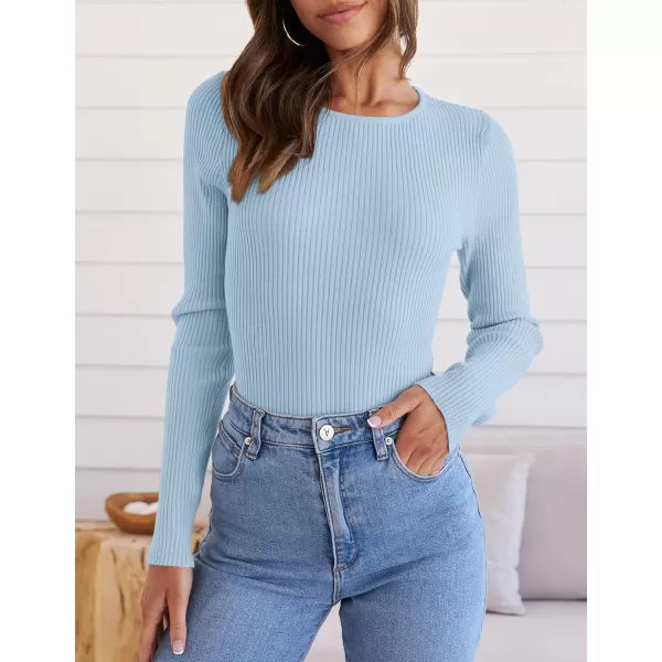 imageZESICA Womens Long Sleeve Crewneck Tops 2024 Spring Fall Clothes Ribbed Knit Sweater Slim Fitted Casual Basic Tee ShirtsSky