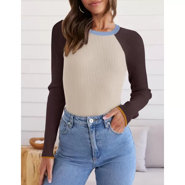 imageZESICA Womens Long Sleeve Crewneck Tops 2024 Spring Fall Clothes Ribbed Knit Sweater Slim Fitted Casual Basic Tee ShirtsTan
