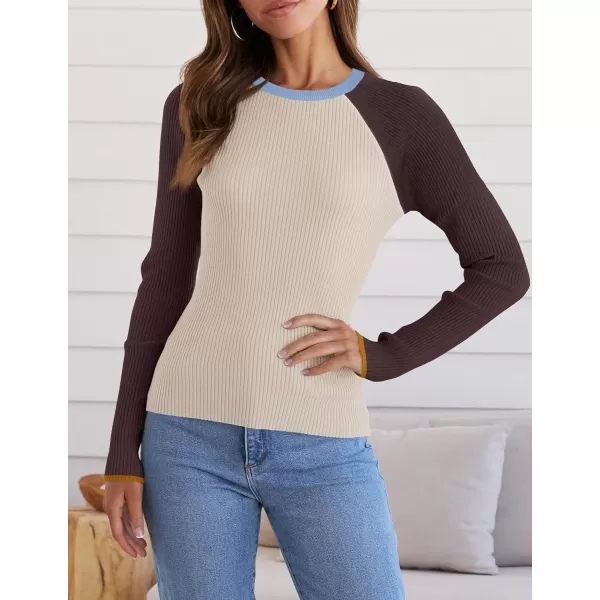 imageZESICA Womens Long Sleeve Crewneck Tops 2024 Spring Fall Clothes Ribbed Knit Sweater Slim Fitted Casual Basic Tee ShirtsTan