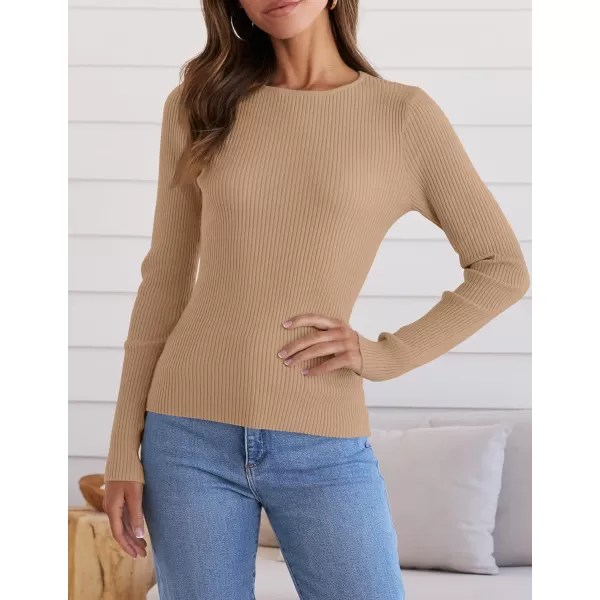 imageZESICA Womens Long Sleeve Crewneck Tops 2024 Spring Fall Clothes Ribbed Knit Sweater Slim Fitted Casual Basic Tee ShirtsToffee