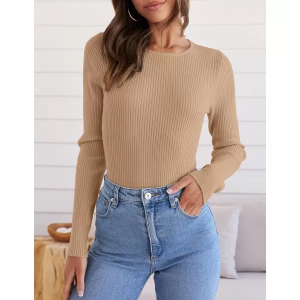 imageZESICA Womens Long Sleeve Crewneck Tops 2024 Spring Fall Clothes Ribbed Knit Sweater Slim Fitted Casual Basic Tee ShirtsToffee