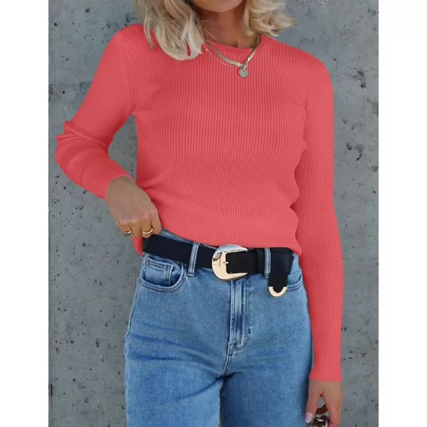 imageZESICA Womens Long Sleeve Crewneck Tops 2024 Spring Fall Clothes Ribbed Knit Sweater Slim Fitted Casual Basic Tee ShirtsWatermelon